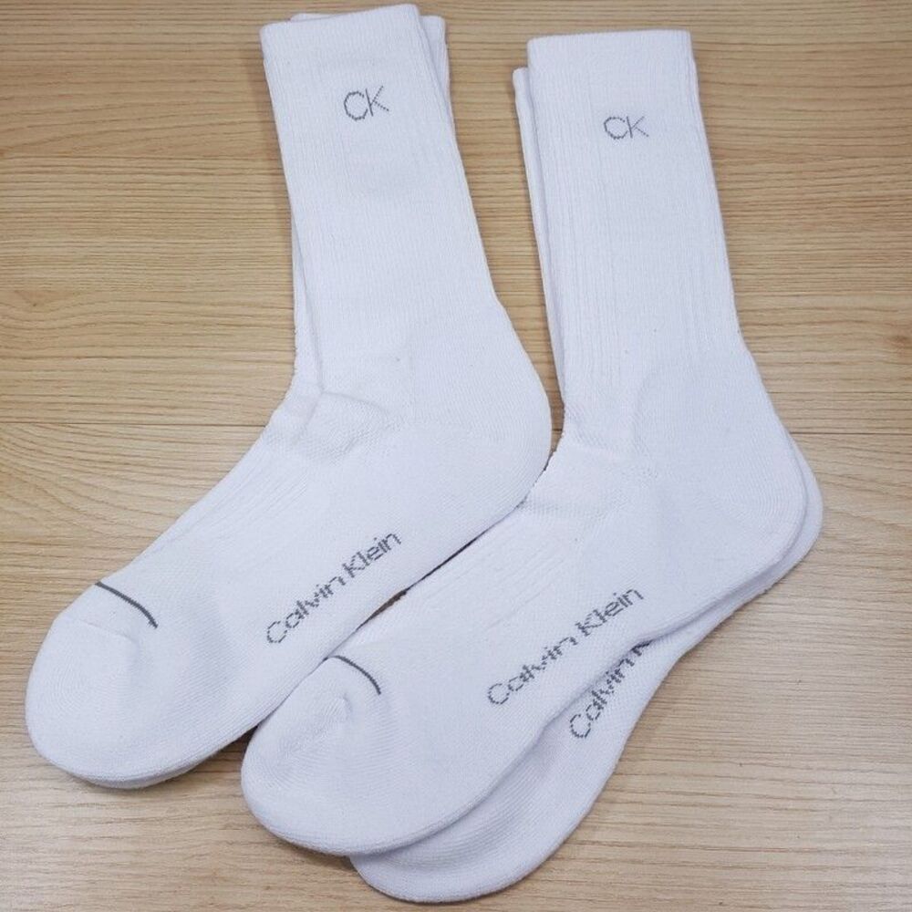 CALVIN KLEIN Crew Socks Mens White 2-Pack Solid Sport Cushioned CK Logo